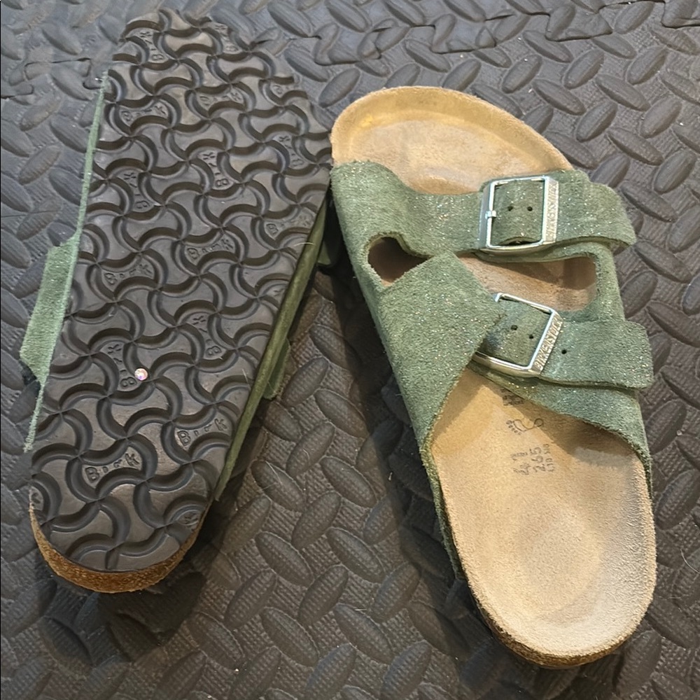 Green Suede Double Strap Sandals